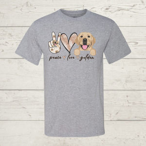 Peace Love Golden Retriever Gray Sublimated Tee Large